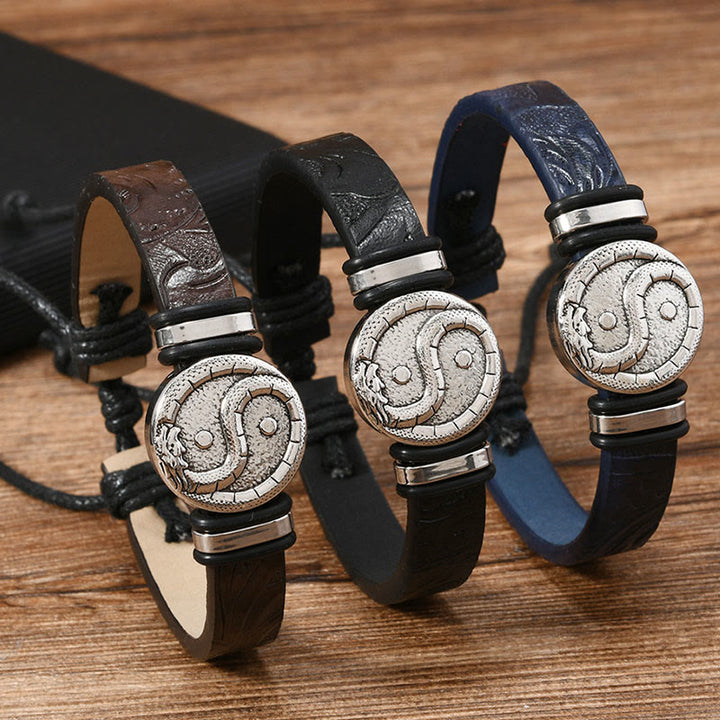 Buddha Stones 丸型陰陽龍彫刻入りレザーバランスブレスレット - image 10