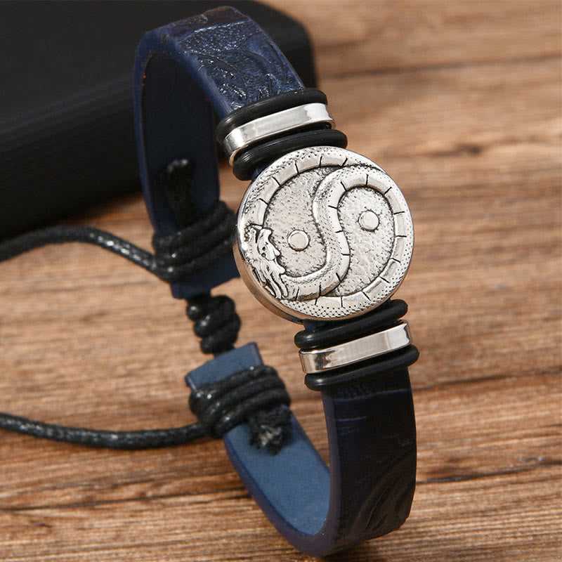 Buddha Stones 丸型陰陽龍彫刻入りレザーバランスブレスレット - image 1