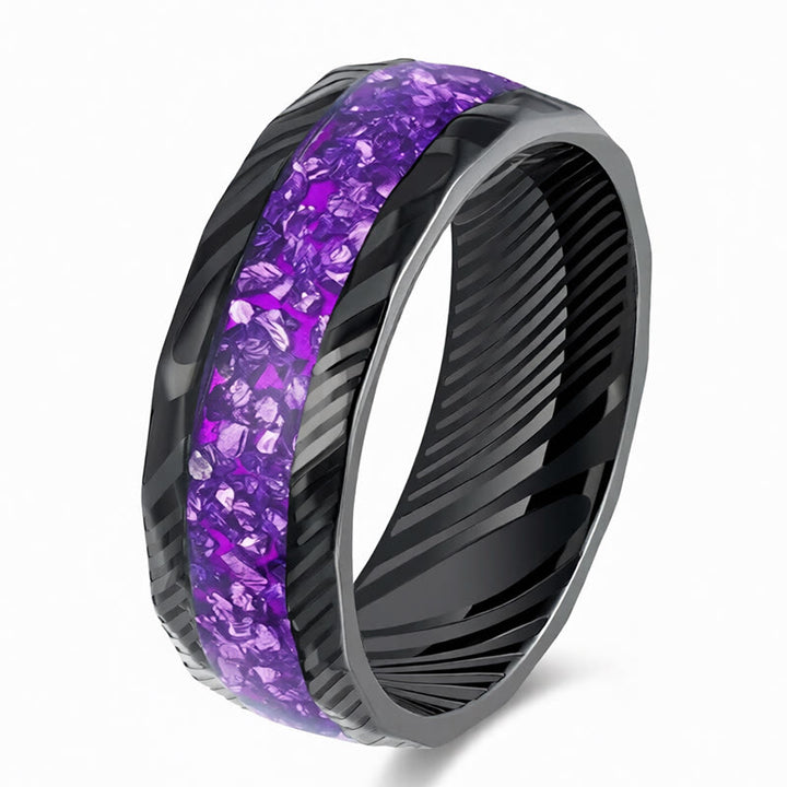 Buddha Stones ファセット加工された天然インレイチタン鋼製強化リング - 紫 - 21.4mm - image 5