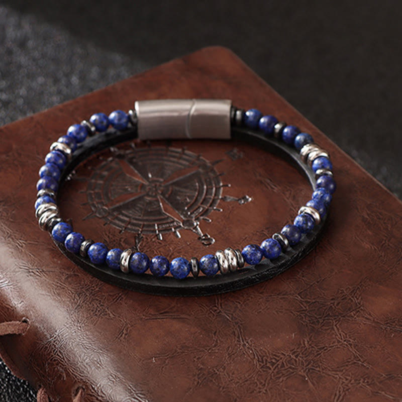Buddha Stones ラピスラズリとタイガーアイのビーズを使用したバランスレザーブレスレット - image 0