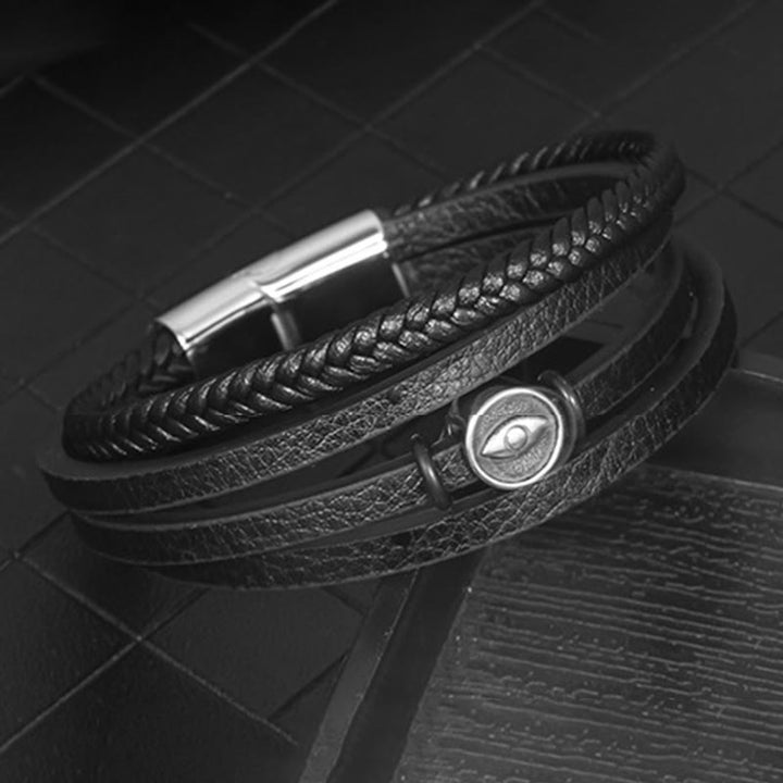 Buddha Stones 邪眼モチーフの多層編み込みレザーバランスブレスレット - image 1