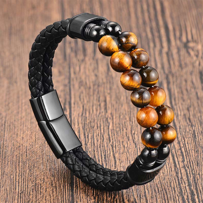 Buddha Stones タイガーアイ ダブルラップ編み込みレザー守護ブレスレット - タイガーアイレザー（手首周り：18～19cm） - image 0