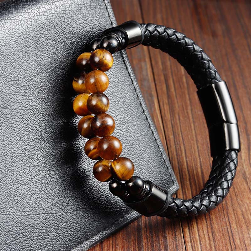 Buddha Stones タイガーアイ ダブルラップ編み込みレザー守護ブレスレット - image 2