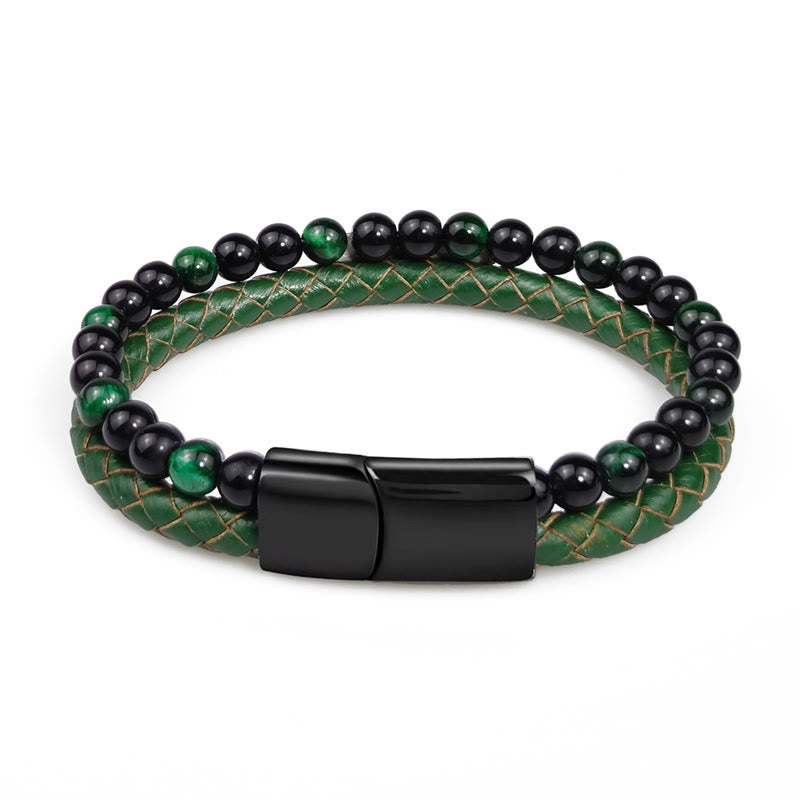 Buddha Stones グリーンタイガーアイのダブルラップ編み込みレザー強さブレスレット - image 4