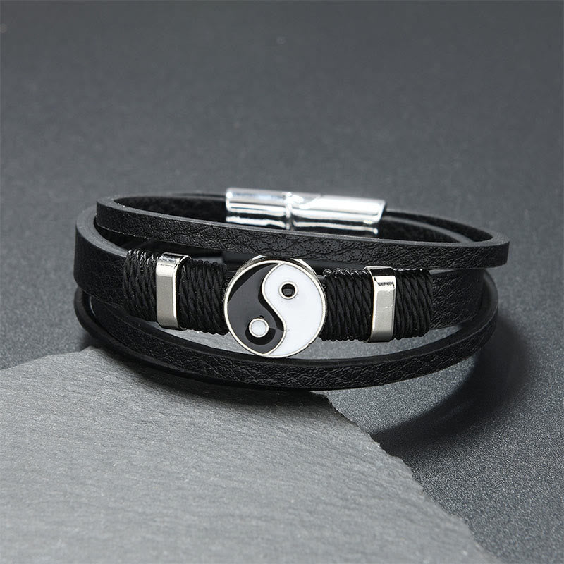 Buddha Stones 黒白陰陽多層レザーバランスブレスレット - 黒革（手首周り：18～19cm） - image 0
