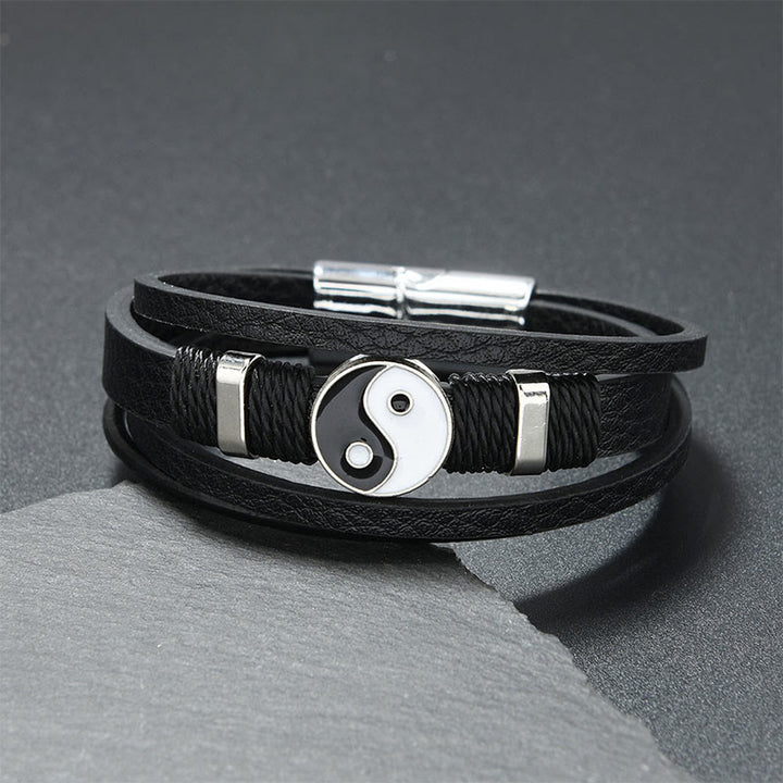 Buddha Stones 黒白陰陽多層レザーバランスブレスレット - 黒革（手首周り：18～19cm） - image 0