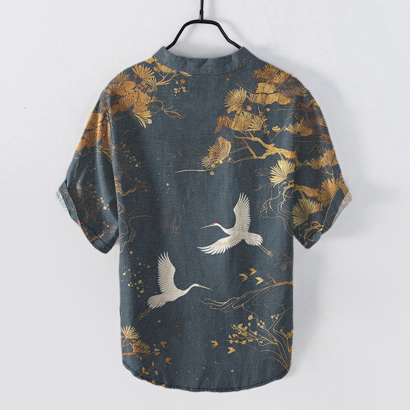 Buddha Stones コットンパインツリーと白鶴柄のメンズ半袖ハーフボタンシャツ - image 5