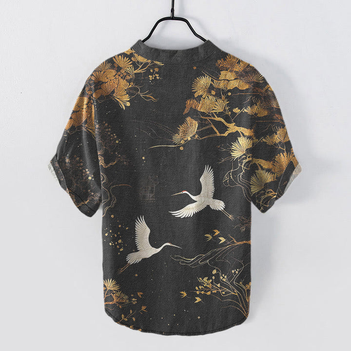 Buddha Stones コットンパインツリーと白鶴柄のメンズ半袖ハーフボタンシャツ - image 1