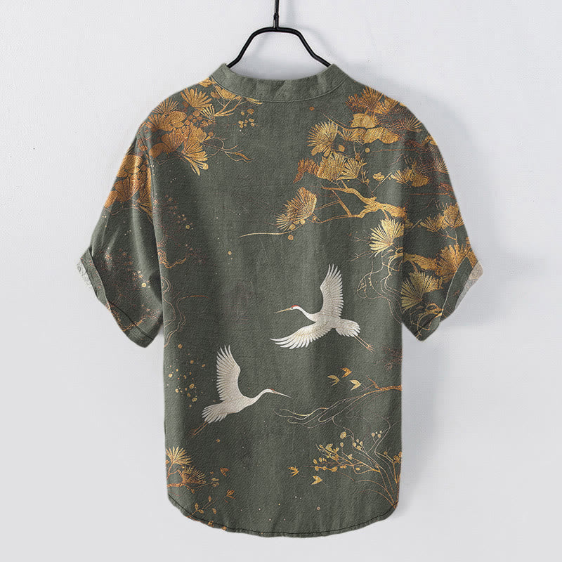 Buddha Stones コットンパインツリーと白鶴柄のメンズ半袖ハーフボタンシャツ - image 7