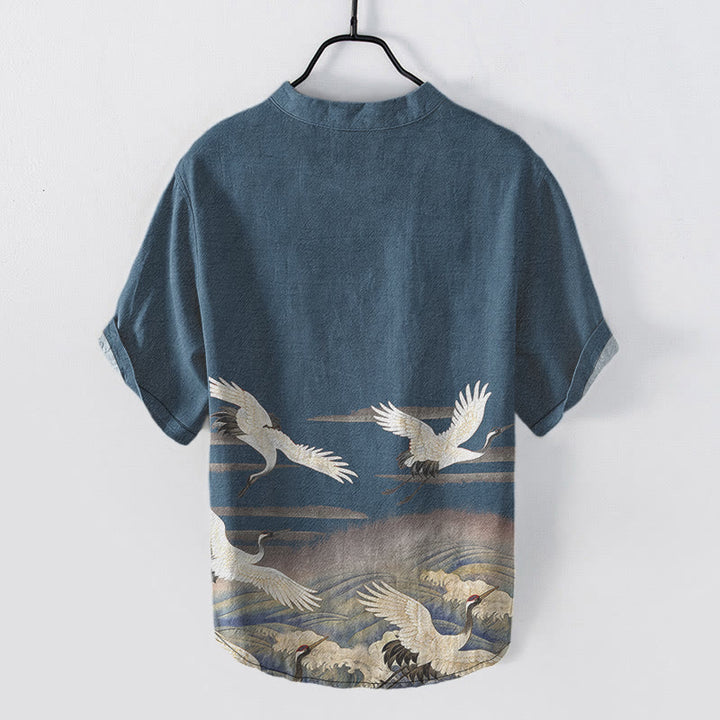 Buddha Stones 綿素材の鶴の波模様のメンズ半袖ハーフボタンシャツ - image 5