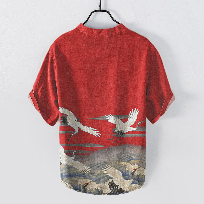 Buddha Stones 綿素材の鶴の波模様のメンズ半袖ハーフボタンシャツ - image 7