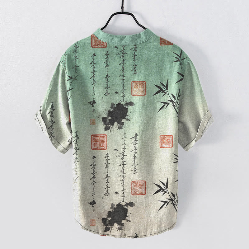 Buddha Stones コットングラデーション書道竹墨画柄メンズ半袖ハーフボタンシャツ - image 1