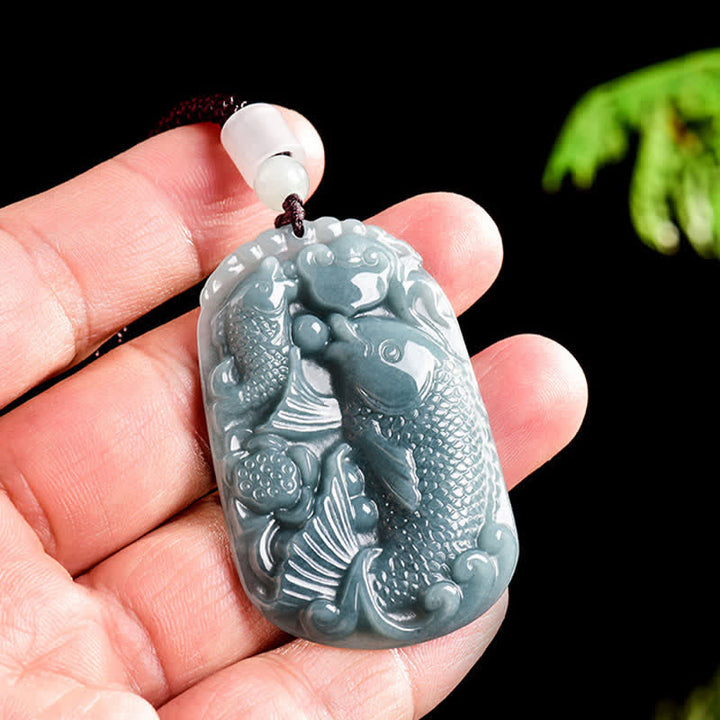 Buddha Stones 天然翡翠彫刻 双鯉ロープ豊かさネックレスペンダント - image 4