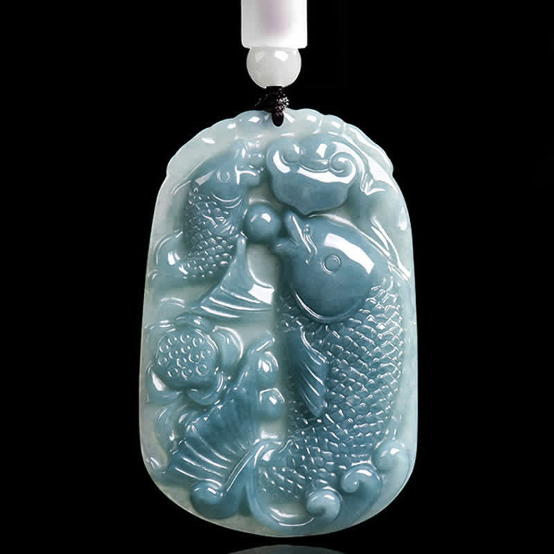 Buddha Stones 天然翡翠彫刻 双鯉ロープ豊かさネックレスペンダント - image 1