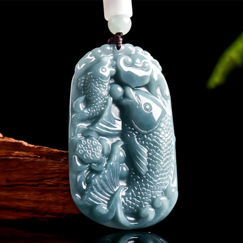 Buddha Stones 天然翡翠彫刻 双鯉ロープ豊かさネックレスペンダント - 鯉 - 天然翡翠（色味は個体差があります） - image 0