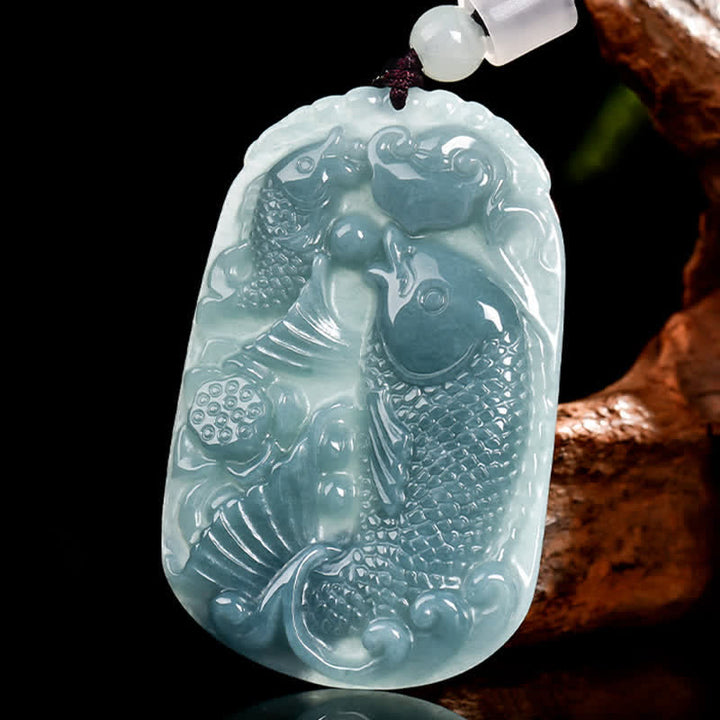 Buddha Stones 天然翡翠彫刻 双鯉ロープ豊かさネックレスペンダント - image 2