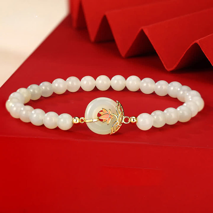 Buddha Stones 925スターリングシルバー製、和田白翡翠の蓮のシンボル、平和のお守りチャーム、ハーモニービーズブレスレット - 蓮 - 和田白玉（手首周り15～16cm） - image 0