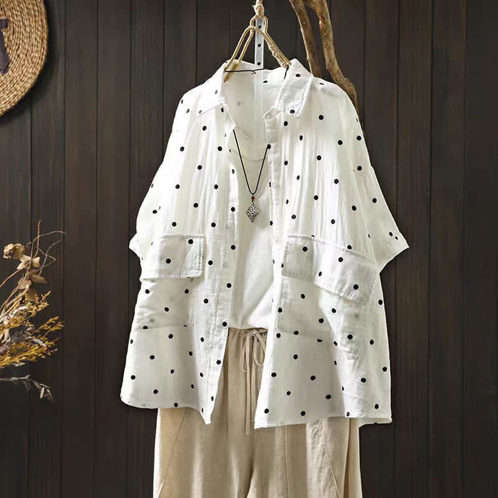 Buddha Stones レディース通勤用半袖ドット柄コットンシャツ（ポケット付き） - 白 - US12、 UK/AU16、 EU44 (2XL) - image 2