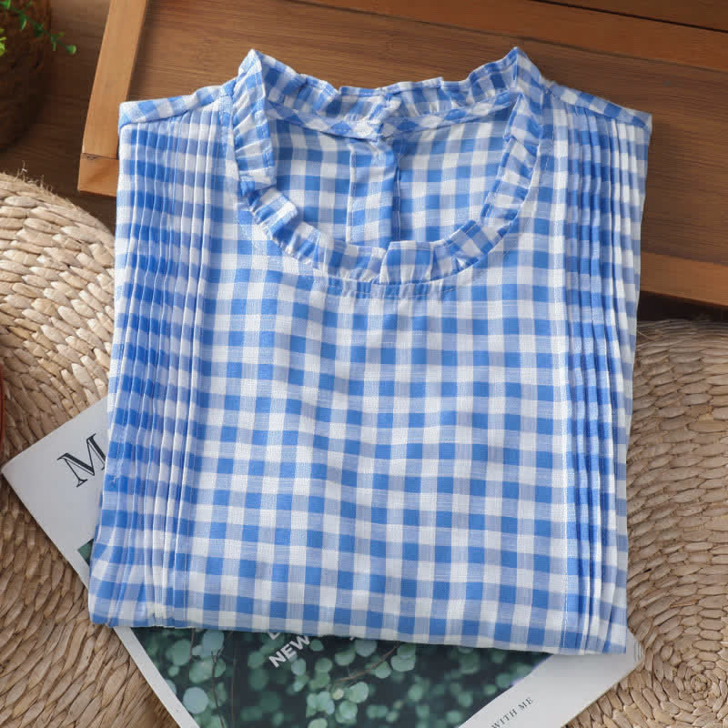 Buddha Stones 夏物チェック柄フリルクルーネックバックボタンデザインレディースノースリーブTシャツ - image 11