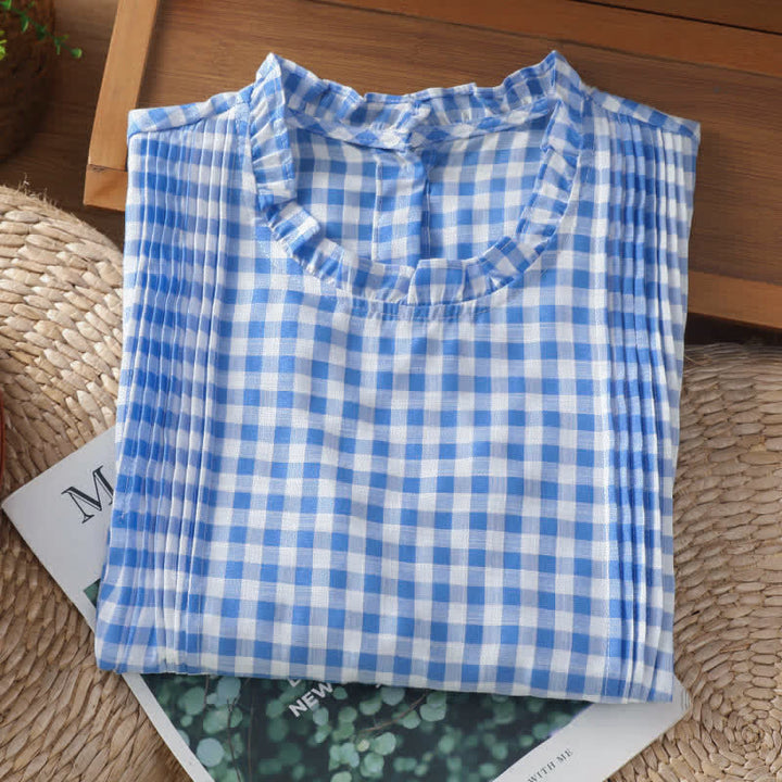 Buddha Stones 夏物チェック柄フリルクルーネックバックボタンデザインレディースノースリーブTシャツ - image 11