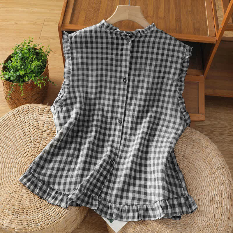 Buddha Stones 夏物チェック柄フリルクルーネックバックボタンデザインレディースノースリーブTシャツ - image 1