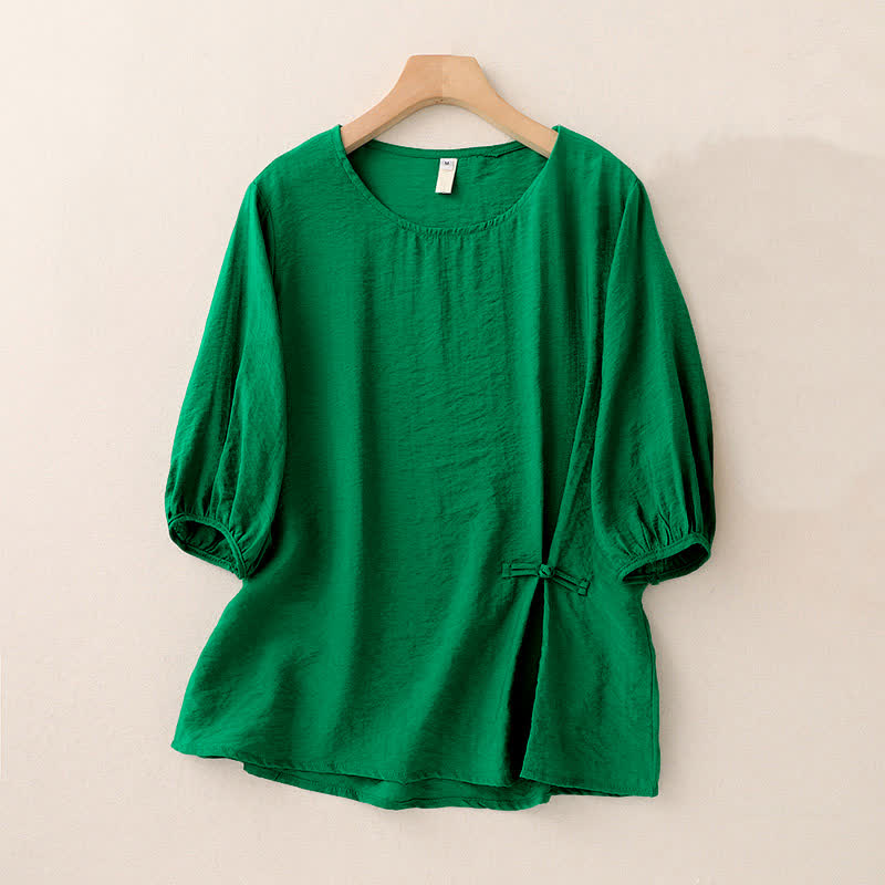 Buddha Stones 無地 カエルボタンデザイン パフスリーブ 半袖 レディースTシャツ - 緑 - US8-10，UK/AU12-14，EU40-42 (2XL) - image 0
