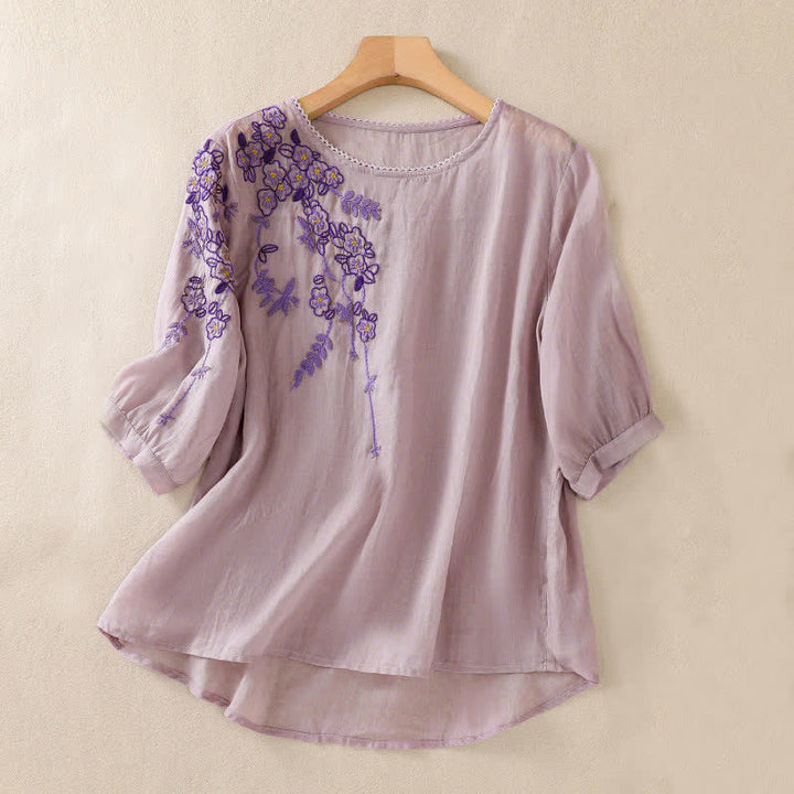 Buddha Stones レトロな刺繍入り花柄半袖クルーネックレディースシャツ - 梅 - US8-10，UK/AU12-14，EU40-42 (2XL) - image 24