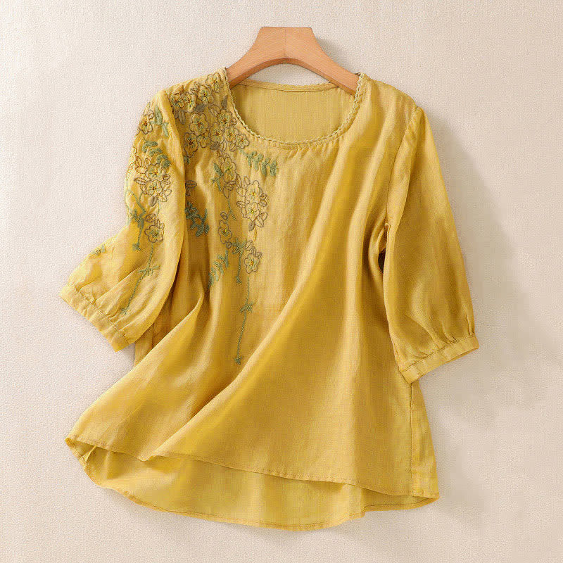 Buddha Stones レトロな刺繍入り花柄半袖クルーネックレディースシャツ - 金 - US8-10，UK/AU12-14，EU40-42 (2XL) - image 14
