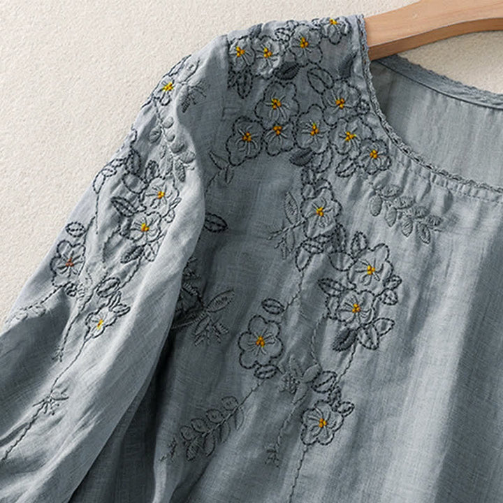 Buddha Stones レトロな刺繍入り花柄半袖クルーネックレディースシャツ - image 10