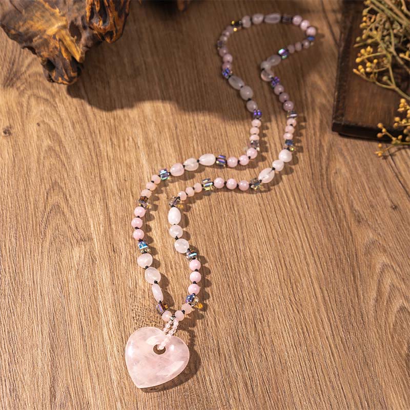 Buddha Stones ローズクォーツとグリーンアベンチュリンのラブハートビーズの幸運ネックレスペンダント - ローズクォーツ - image 1