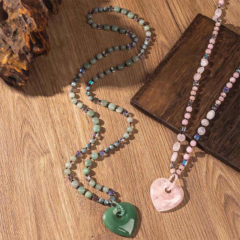 Buddha Stones ローズクォーツとグリーンアベンチュリンのラブハートビーズの幸運ネックレスペンダント - image 7