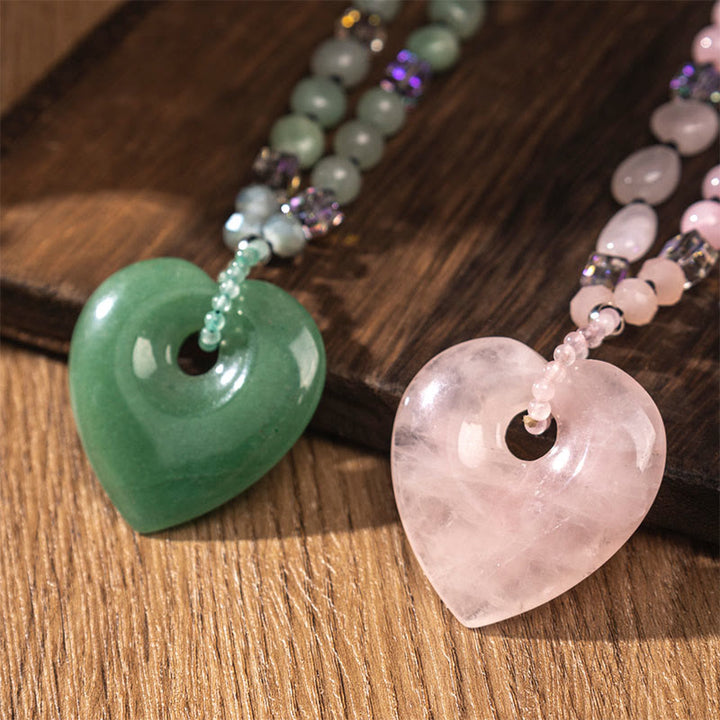 Buddha Stones ローズクォーツとグリーンアベンチュリンのラブハートビーズの幸運ネックレスペンダント - image 9