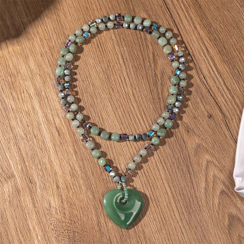 Buddha Stones ローズクォーツとグリーンアベンチュリンのラブハートビーズの幸運ネックレスペンダント - image 4