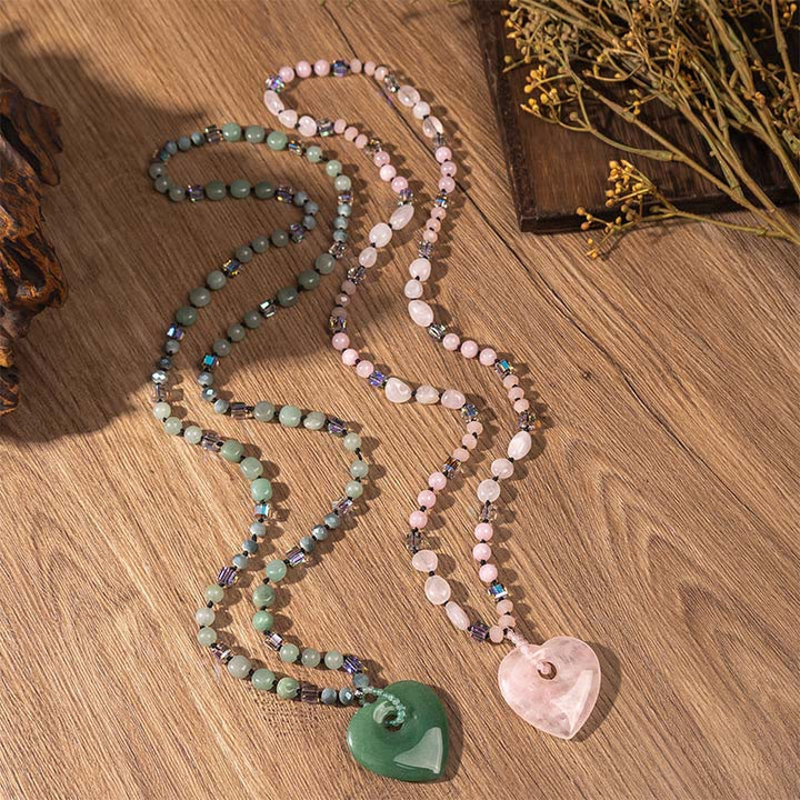 Buddha Stones ローズクォーツとグリーンアベンチュリンのラブハートビーズの幸運ネックレスペンダント - image 8