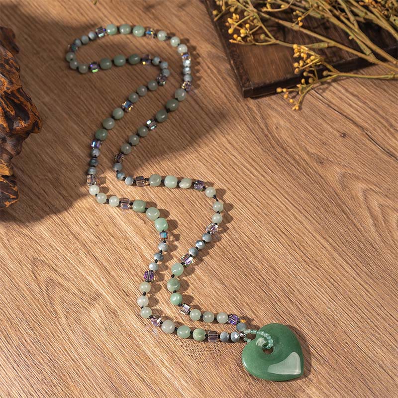 Buddha Stones ローズクォーツとグリーンアベンチュリンのラブハートビーズの幸運ネックレスペンダント - グリーンアベンチュリン - image 3