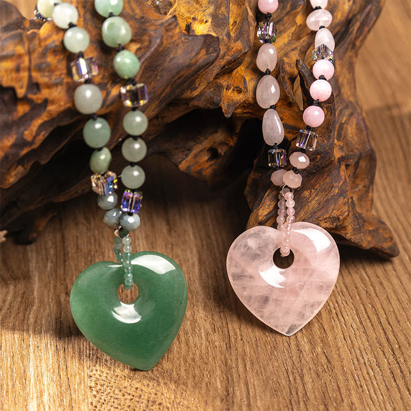 Buddha Stones ローズクォーツとグリーンアベンチュリンのラブハートビーズの幸運ネックレスペンダント - image 0