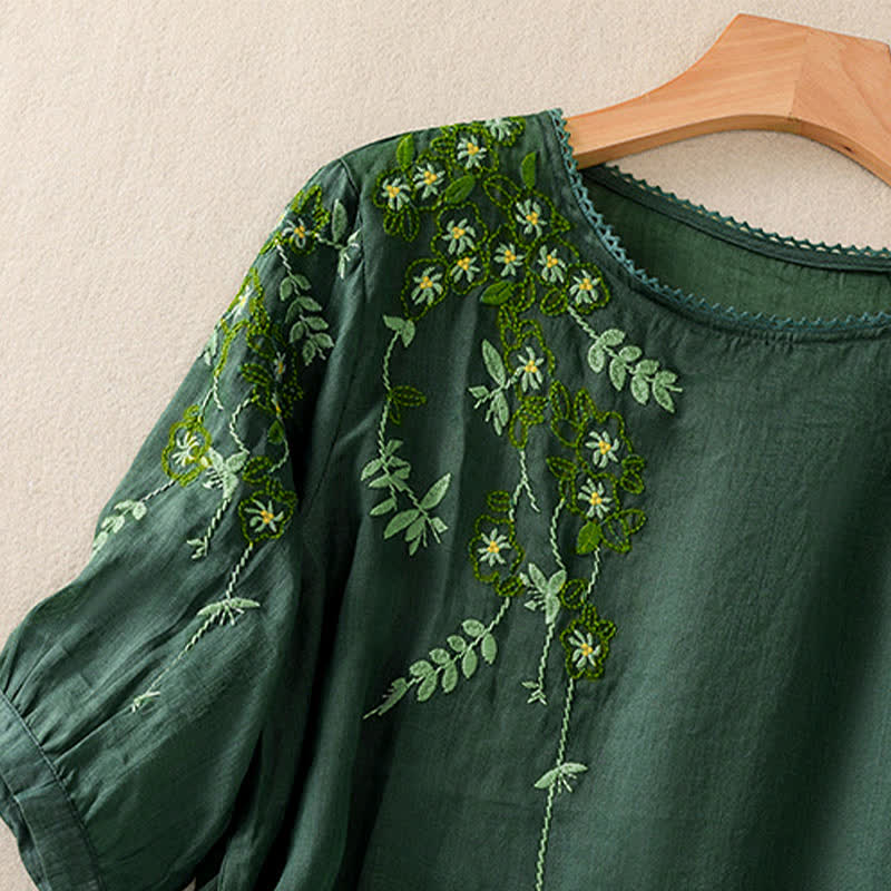 Buddha Stones レトロな刺繍入り花柄半袖クルーネックレディースシャツ - image 3