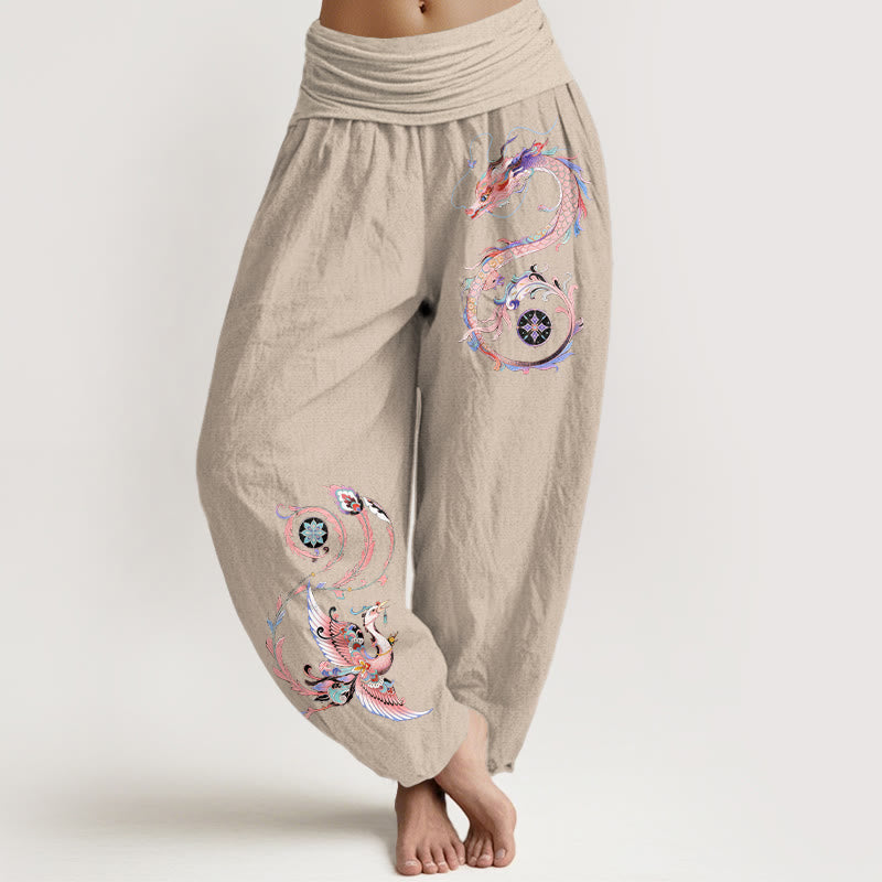 Buddha Stones 綿素材の飛龍鳳凰柄レディースゴムウエストハーレムパンツ - タン - US16、 UK/AU20、 EU48 (3XL) - image 5