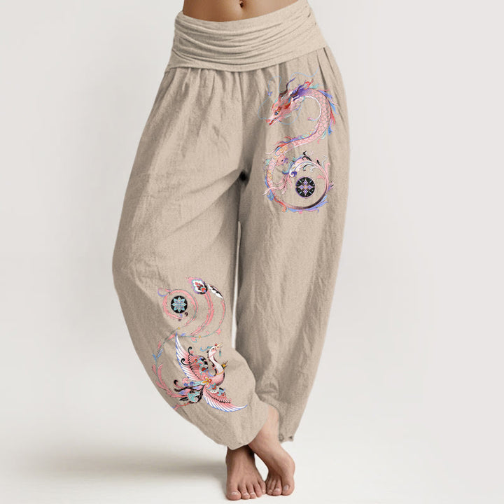 Buddha Stones 綿素材の飛龍鳳凰柄レディースゴムウエストハーレムパンツ - タン - US16、 UK/AU20、 EU48 (3XL) - image 5