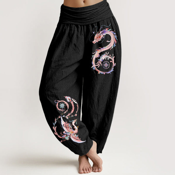 Buddha Stones 綿素材の飛龍鳳凰柄レディースゴムウエストハーレムパンツ - 黒 - US16、 UK/AU20、 EU48 (3XL) - image 0