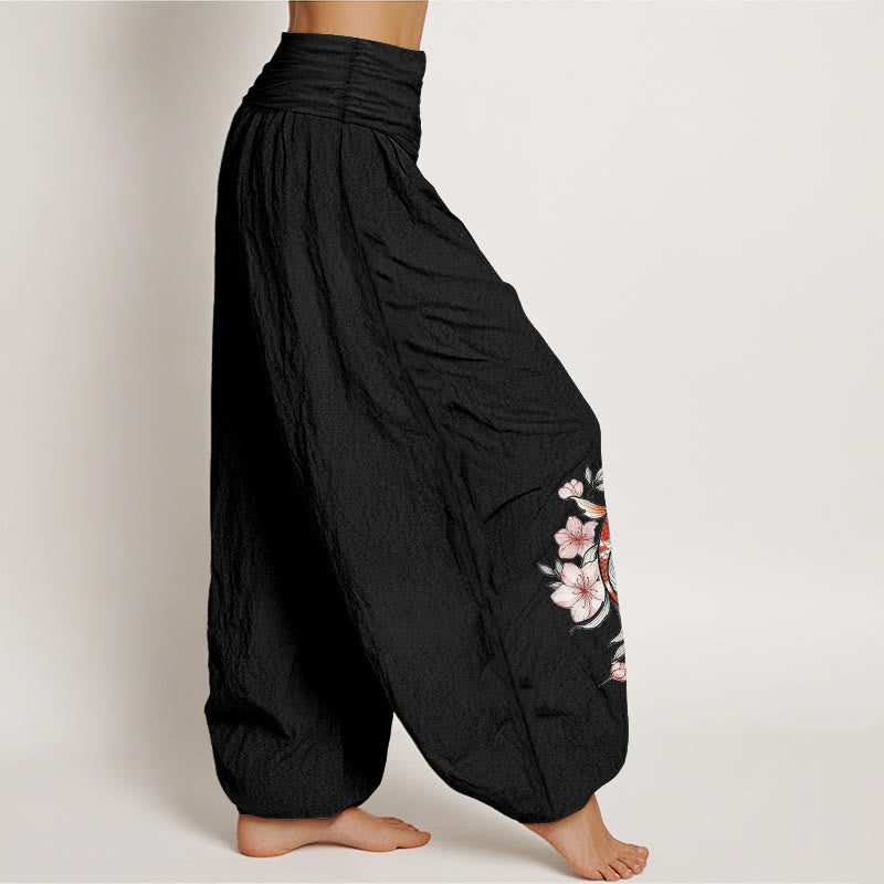 Buddha Stones コットン製鯉柄ピンク桃花模様レディースゴムウエストハーレムパンツ - image 7