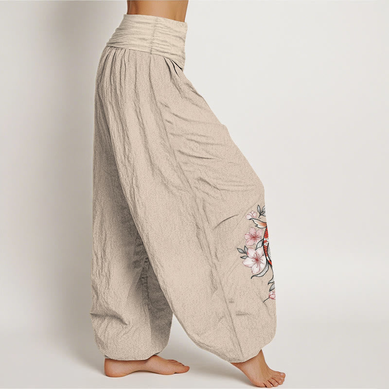 Buddha Stones コットン製鯉柄ピンク桃花模様レディースゴムウエストハーレムパンツ - image 13