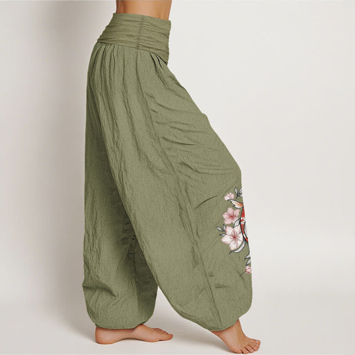 Buddha Stones コットン製鯉柄ピンク桃花模様レディースゴムウエストハーレムパンツ - image 16