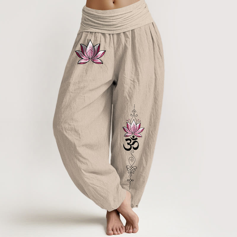 Buddha Stones コットンピンクの蓮の花柄OM模様入りレディースゴムウエストハーレムパンツ - タン - US16、 UK/AU20、 EU48 (3XL) - image 0