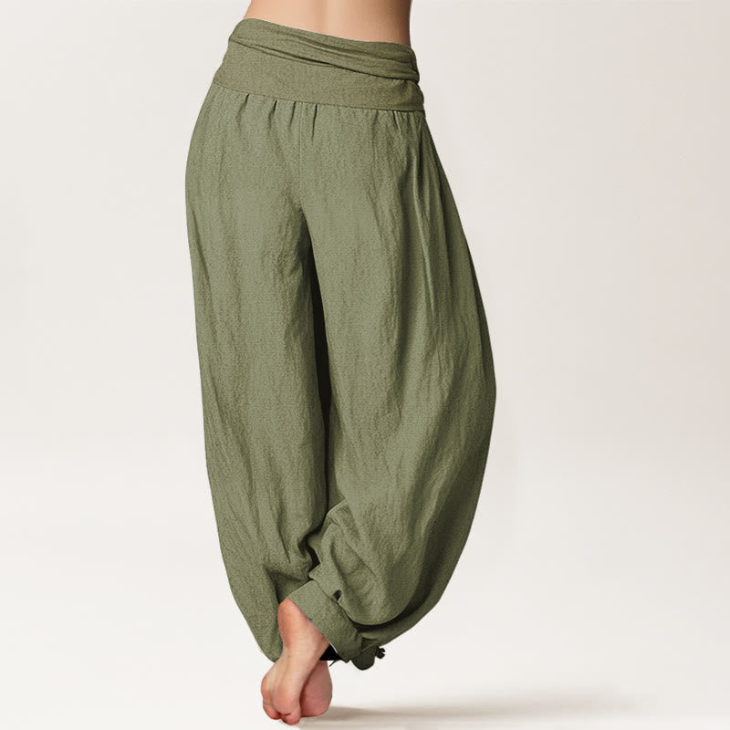 Buddha Stones コットンピンクの蓮の花柄OM模様入りレディースゴムウエストハーレムパンツ - image 15