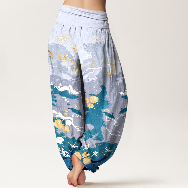 Buddha Stones コットン素材の波模様スカイ柄レディースゴムウエストハーレムパンツ - image 1