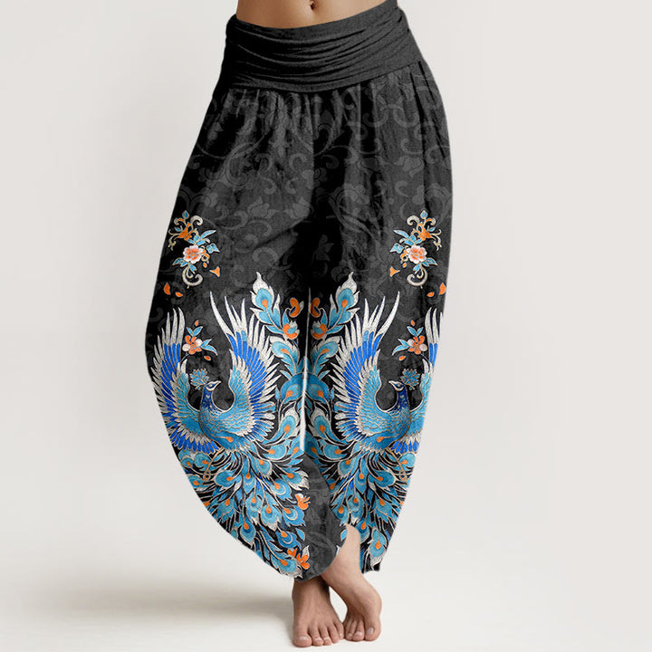 Buddha Stones 綿素材の鳳凰桃花柄レディースゴムウエストハーレムパンツ - 黒 - US16、 UK/AU20、 EU48 (3XL) - image 5