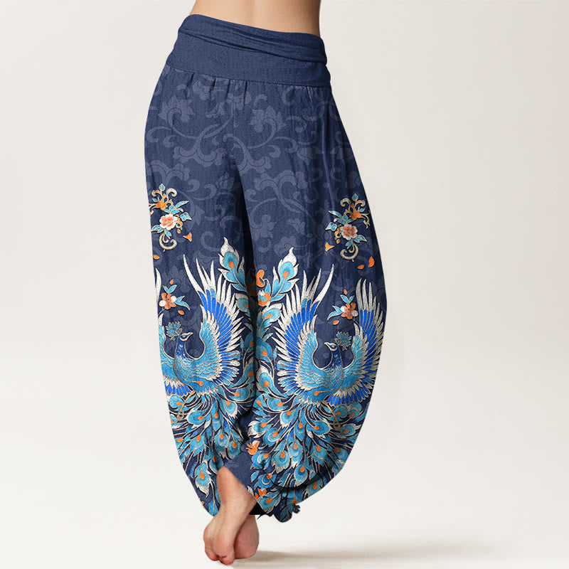 Buddha Stones 綿素材の鳳凰桃花柄レディースゴムウエストハーレムパンツ - image 1