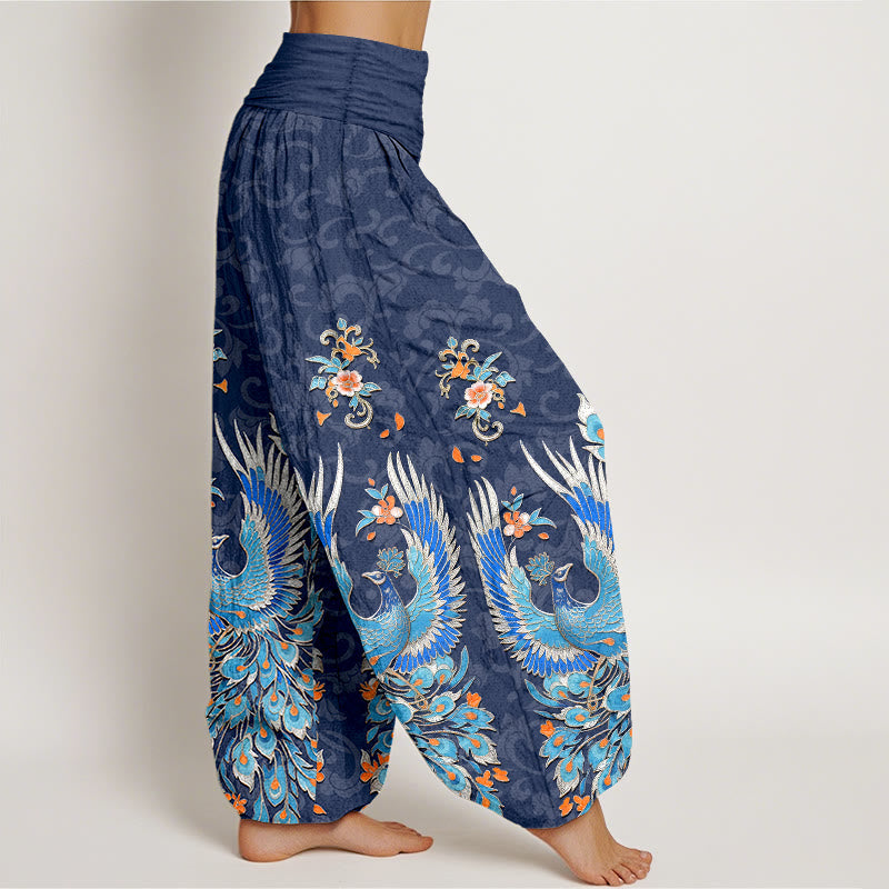 Buddha Stones 綿素材の鳳凰桃花柄レディースゴムウエストハーレムパンツ - image 2