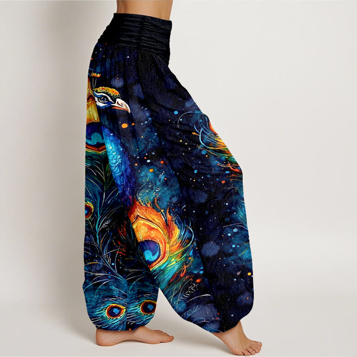 Buddha Stones コットン素材の孔雀と星空柄のレディース用ゴムウエストハーレムパンツ - image 2